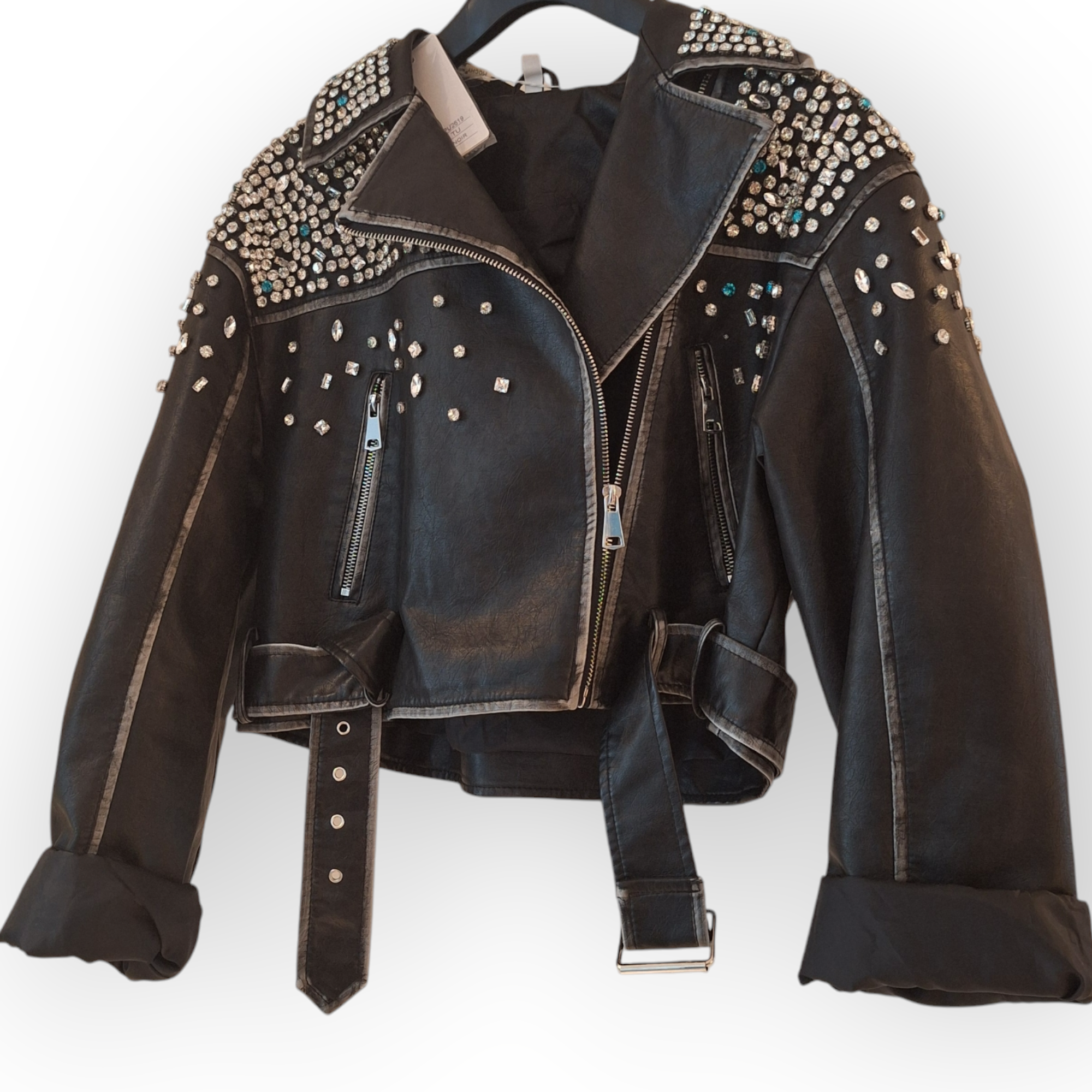 Kunst Leder Jacke schwarz mit Strass Steinen